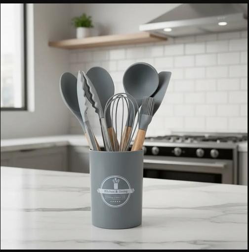 Conjunto De Utensílios Silicone Cabo Madeira 7 Peças