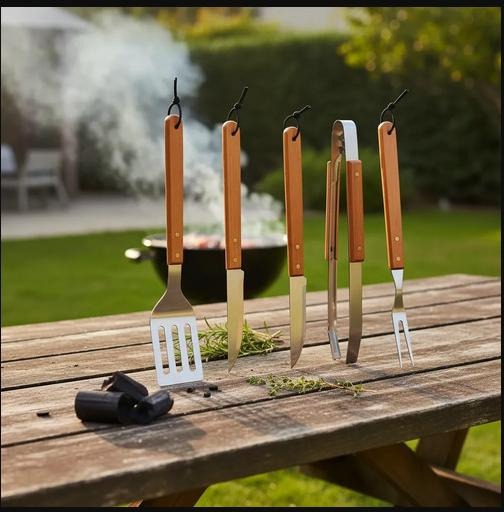 Kit Churrasco Conjunto 4 Peças Aço Inox Cabo De Madeira