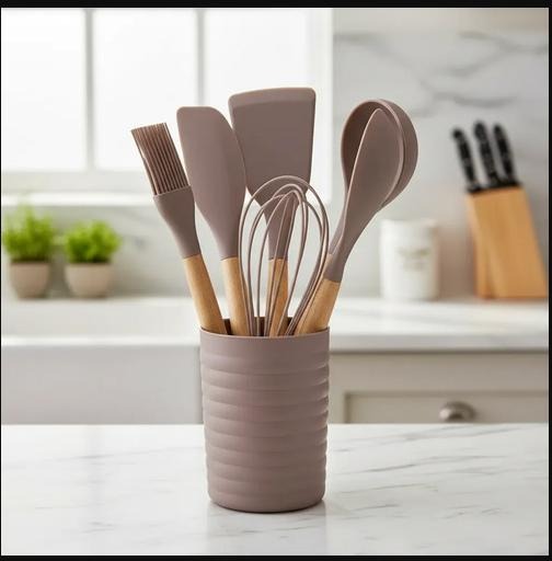 Kit Utensílios Cozinha Silicone Cabo Madeira 7 Peças Belakaza