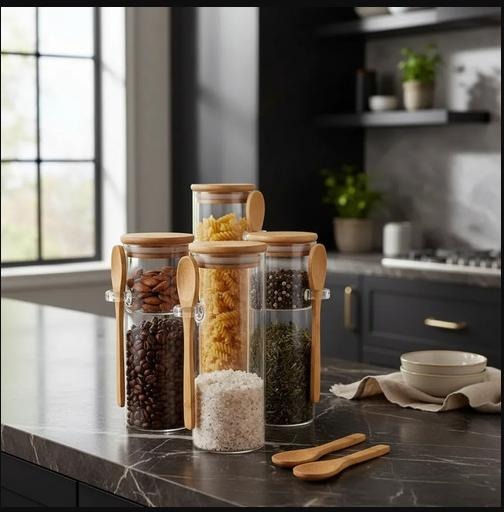 Pote Organizador Hermético De Vidro 1600ml Com Colher De Bambu